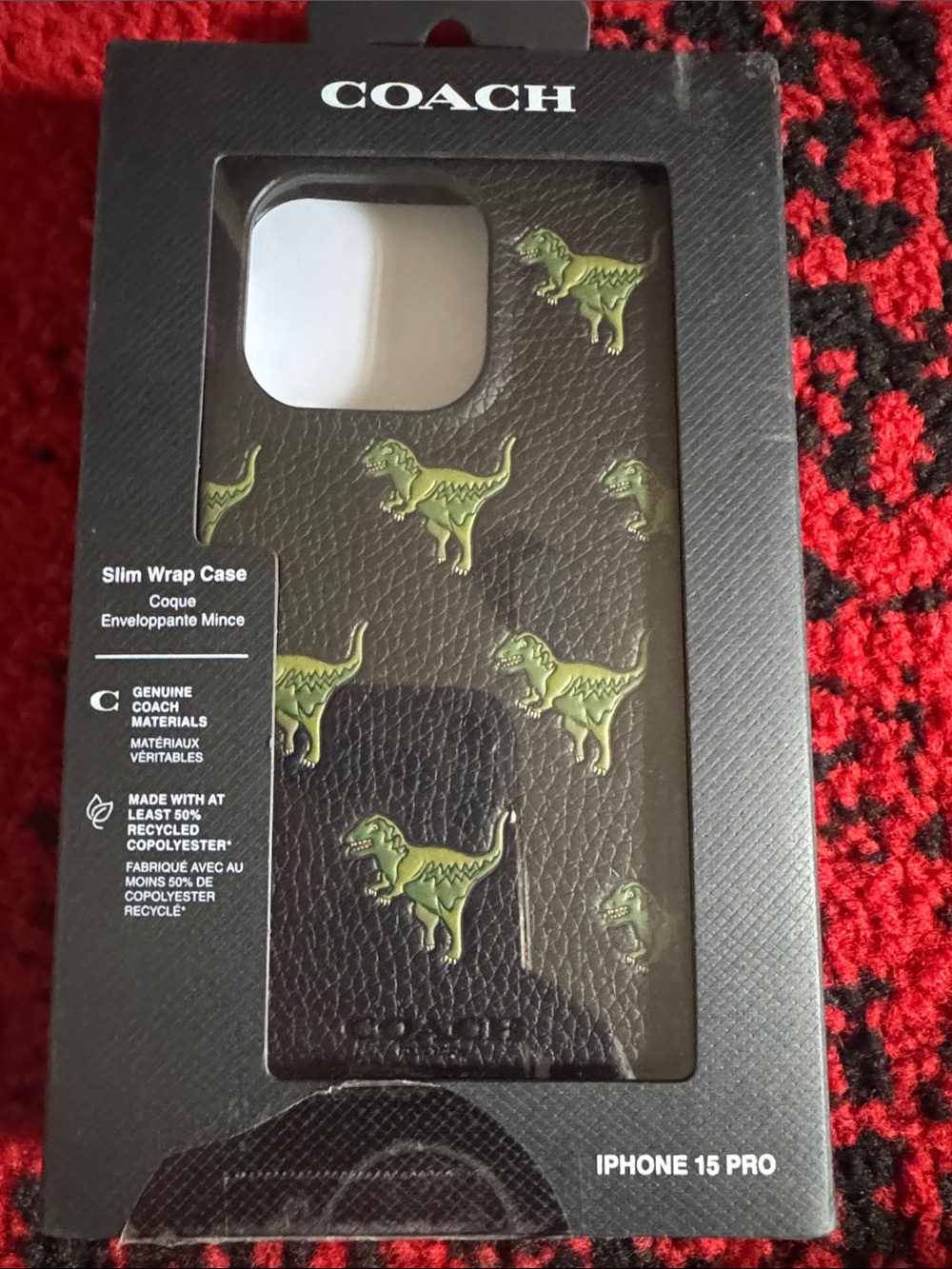 Coach Dark Brown Leather iPhone 15 Pro Case with Green Dino Motif